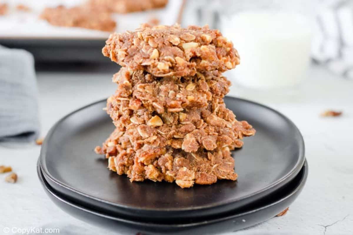 A stack of chocolate oatmeal cookies.
