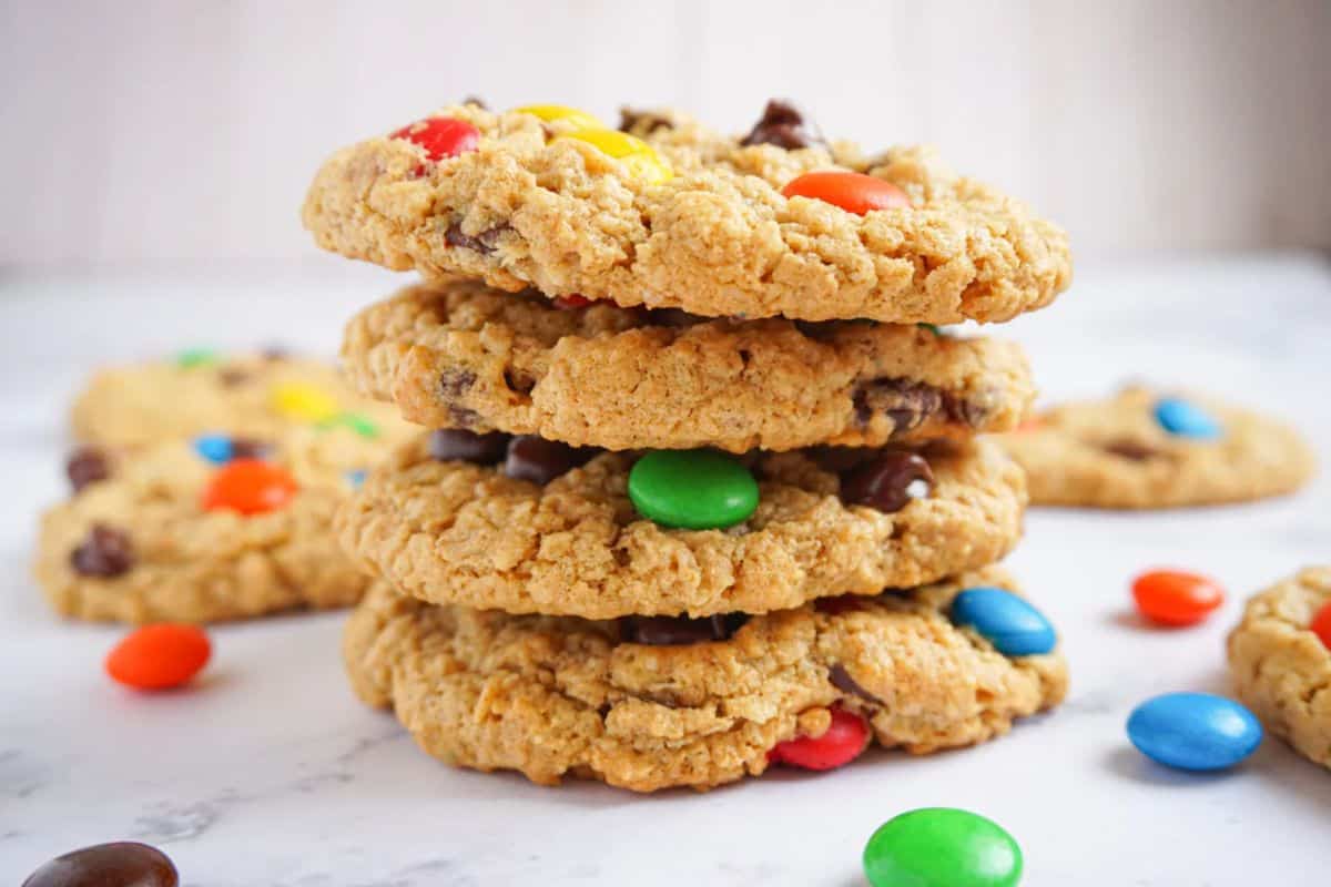 A stack of M&M cookies.
