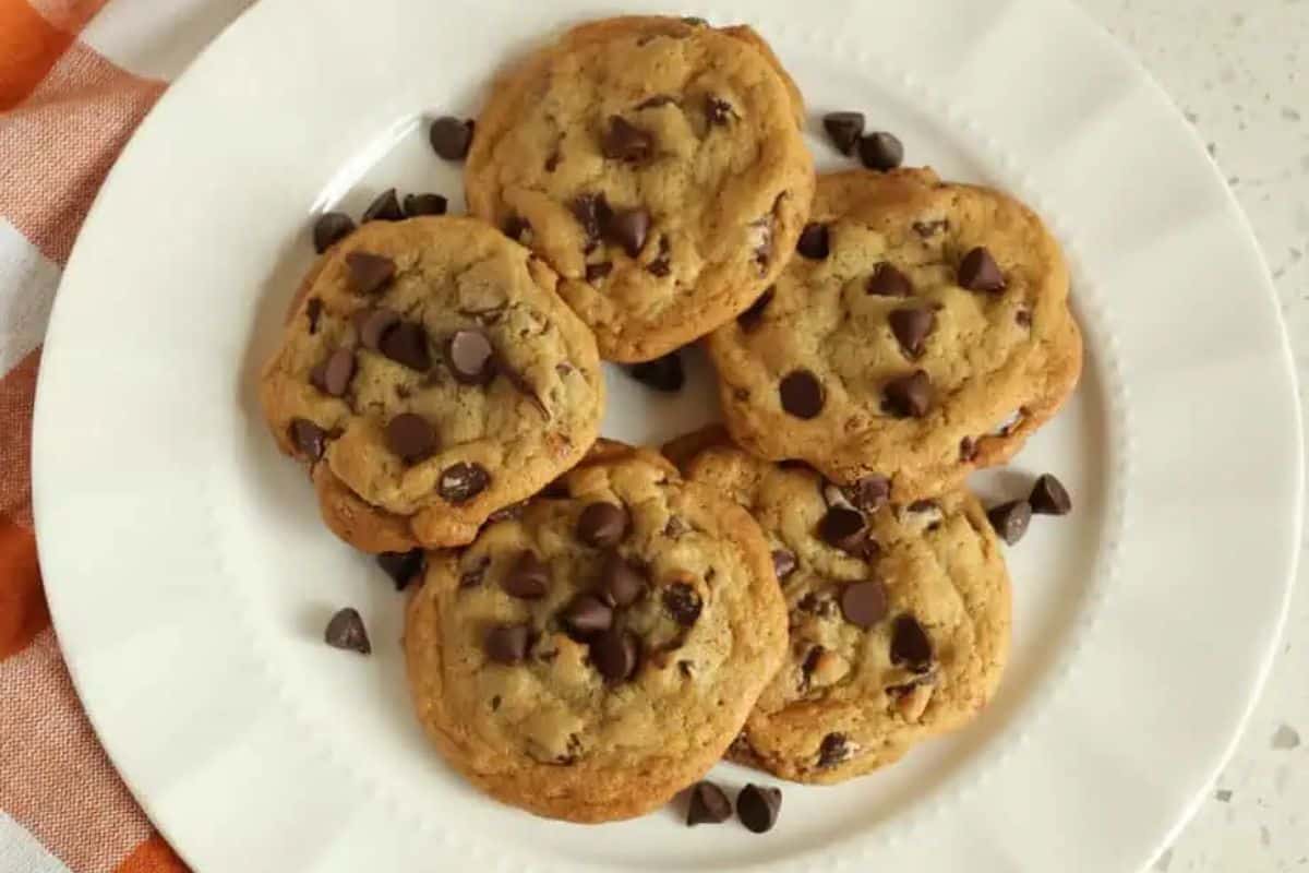 Chocolate chip cookies on a plate.