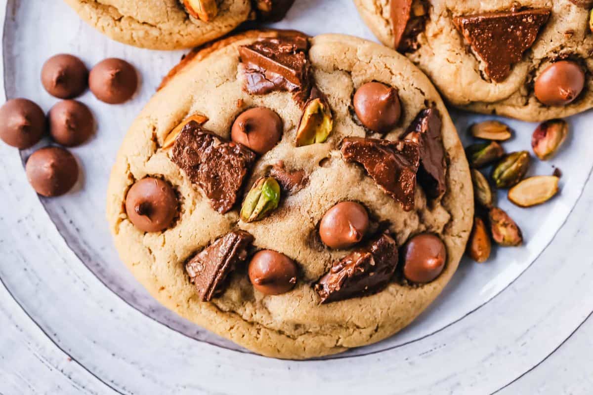 Pistachio toffee chocolate chip cookies.