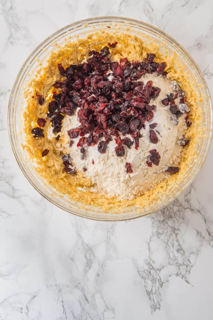 Cranberry Orange Cookies wet and dry mixture in a bowl