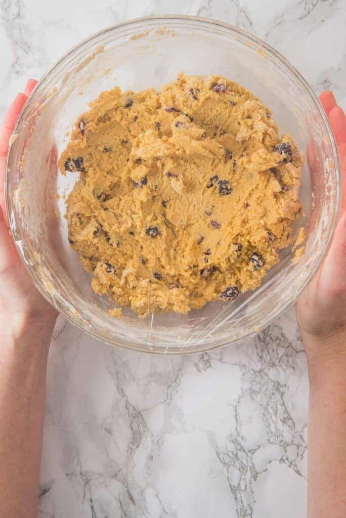 Cranberry Orange Cookies dough in plastic wrap