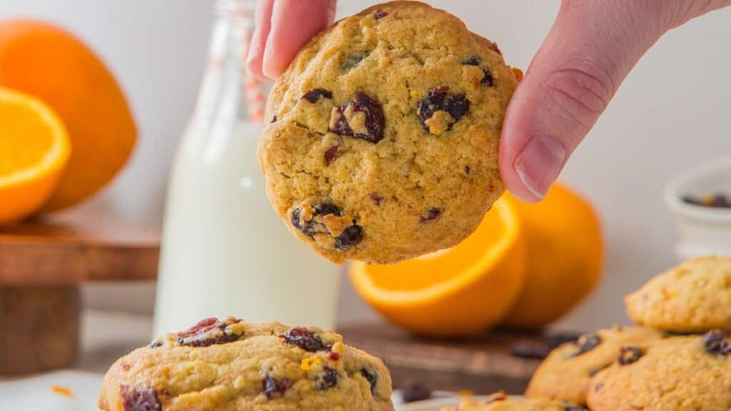 Cranberry Orange Cookies held in two fingers