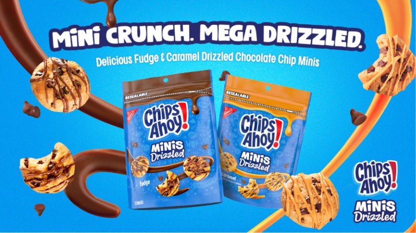 Two Chips Ahoy! Minis Drizzled pouches on a blue background, a brown fudge bag and an orange caramel bag, surrounded by mini chocolate chip cookies striped with fudge and caramel, under the words Mini Crunch. Mega Drizzled.