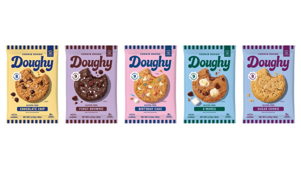 Five Doughy cookie dough flat packs side by side: Chocolate Chip, Fudgy Brownie, Birthday Cake, S'mores and Sugar Cookie, each bag showing a baked cookie.