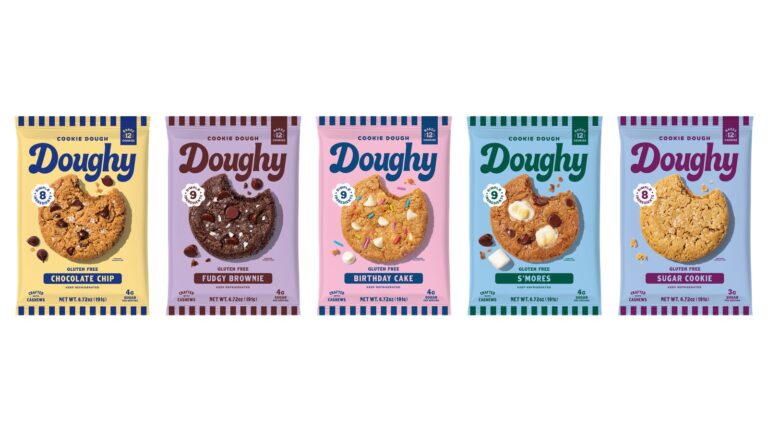Five Doughy cookie dough flat packs side by side: Chocolate Chip, Fudgy Brownie, Birthday Cake, S'mores and Sugar Cookie, each bag showing a baked cookie.