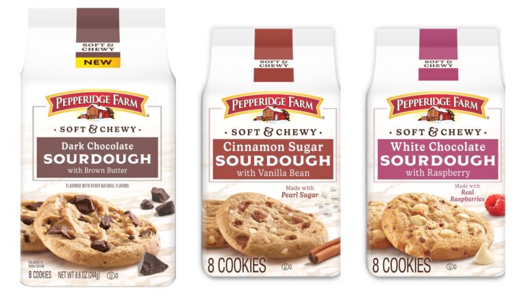 Three bags of Pepperidge Farm Soft & Chewy Sourdough cookies side by side: Dark Chocolate with Brown Butter, Cinnamon Sugar with Vanilla Bean, and White Chocolate with Raspberry.
