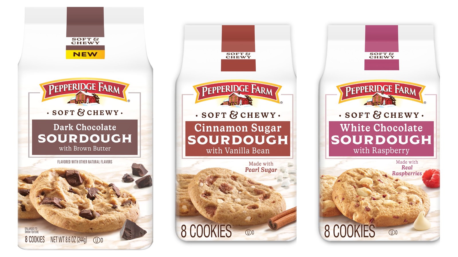 Three bags of Pepperidge Farm Soft & Chewy Sourdough cookies side by side: Dark Chocolate with Brown Butter, Cinnamon Sugar with Vanilla Bean, and White Chocolate with Raspberry.