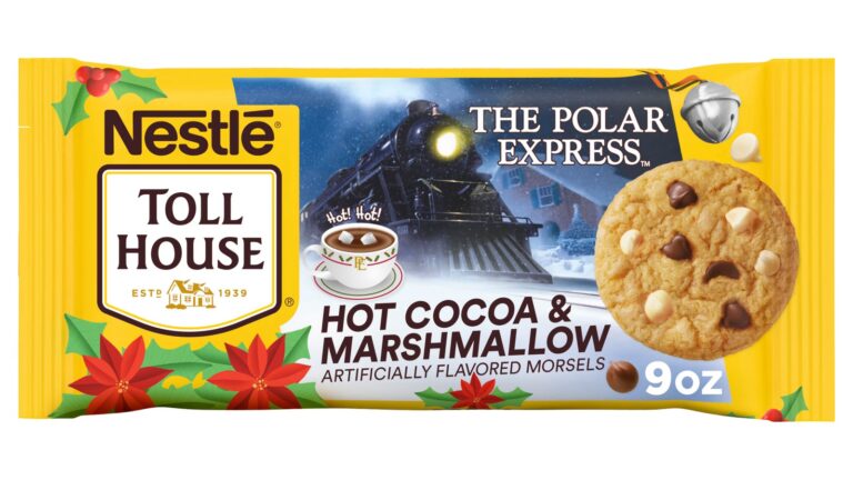 A yellow 9-ounce bag of Nestlé Toll House Hot Cocoa & Marshmallow Artificially Flavored Morsels with The Polar Express train, a cup of hot cocoa and a cookie studded with brown and white morsels on the front.