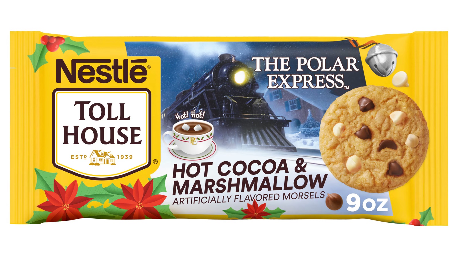 A yellow 9-ounce bag of Nestlé Toll House Hot Cocoa & Marshmallow Artificially Flavored Morsels with The Polar Express train, a cup of hot cocoa and a cookie studded with brown and white morsels on the front.